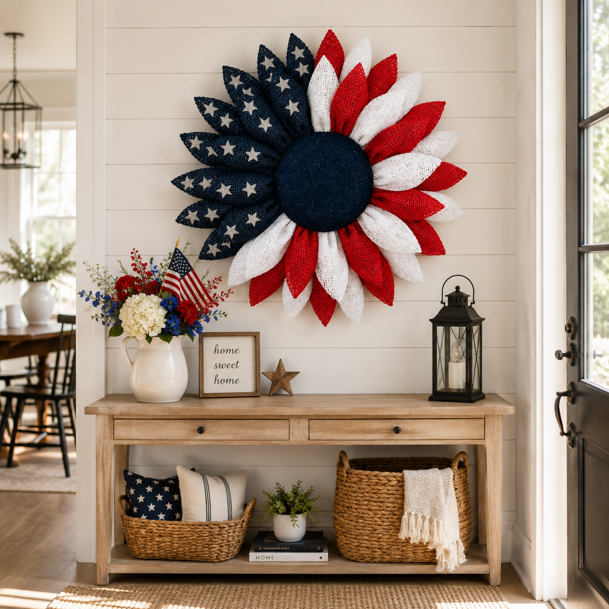 Lighted Patriotic Sunflower Wreath with Remote