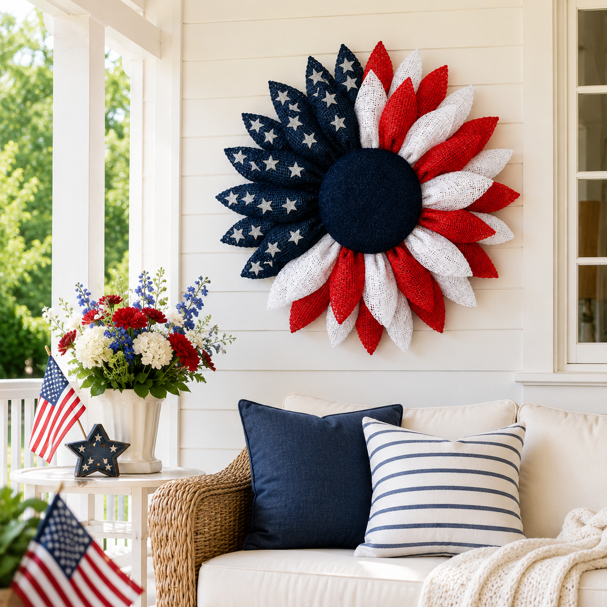 Lighted Patriotic Sunflower Wreath with Remote