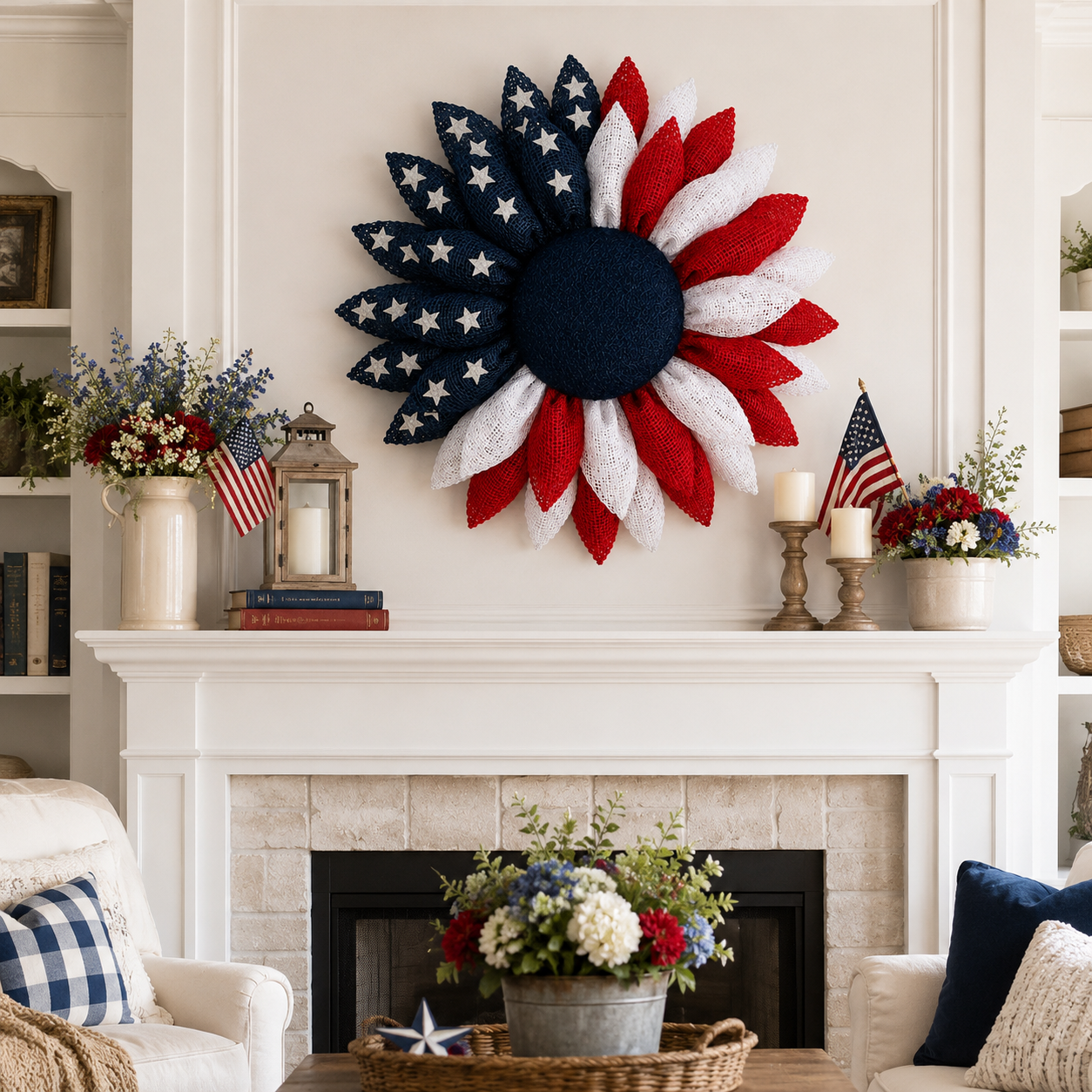 Lighted Patriotic Sunflower Wreath with Remote