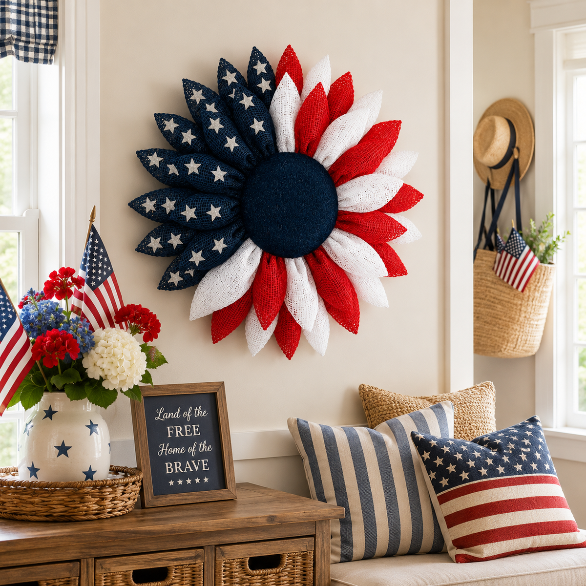 Lighted Patriotic Sunflower Wreath with Remote