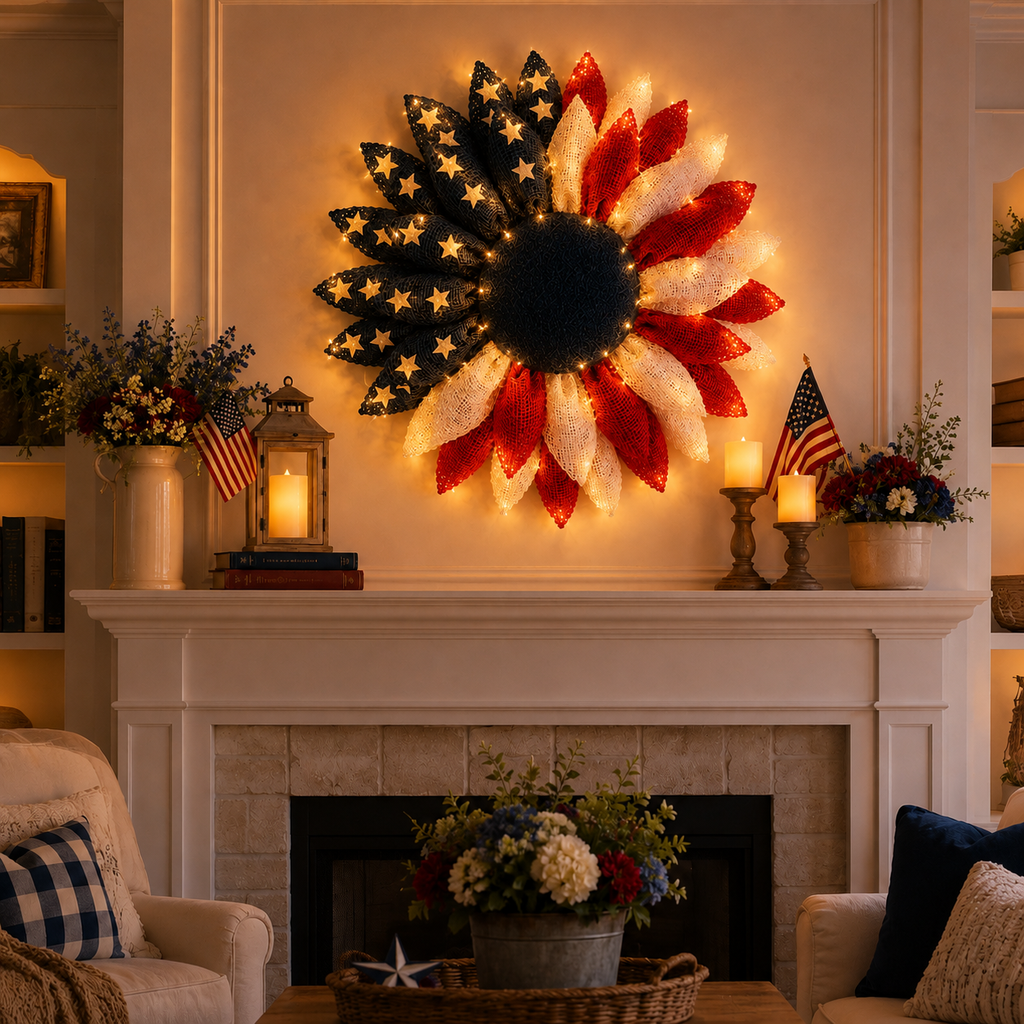 Lighted Patriotic Sunflower Wreath with Remote