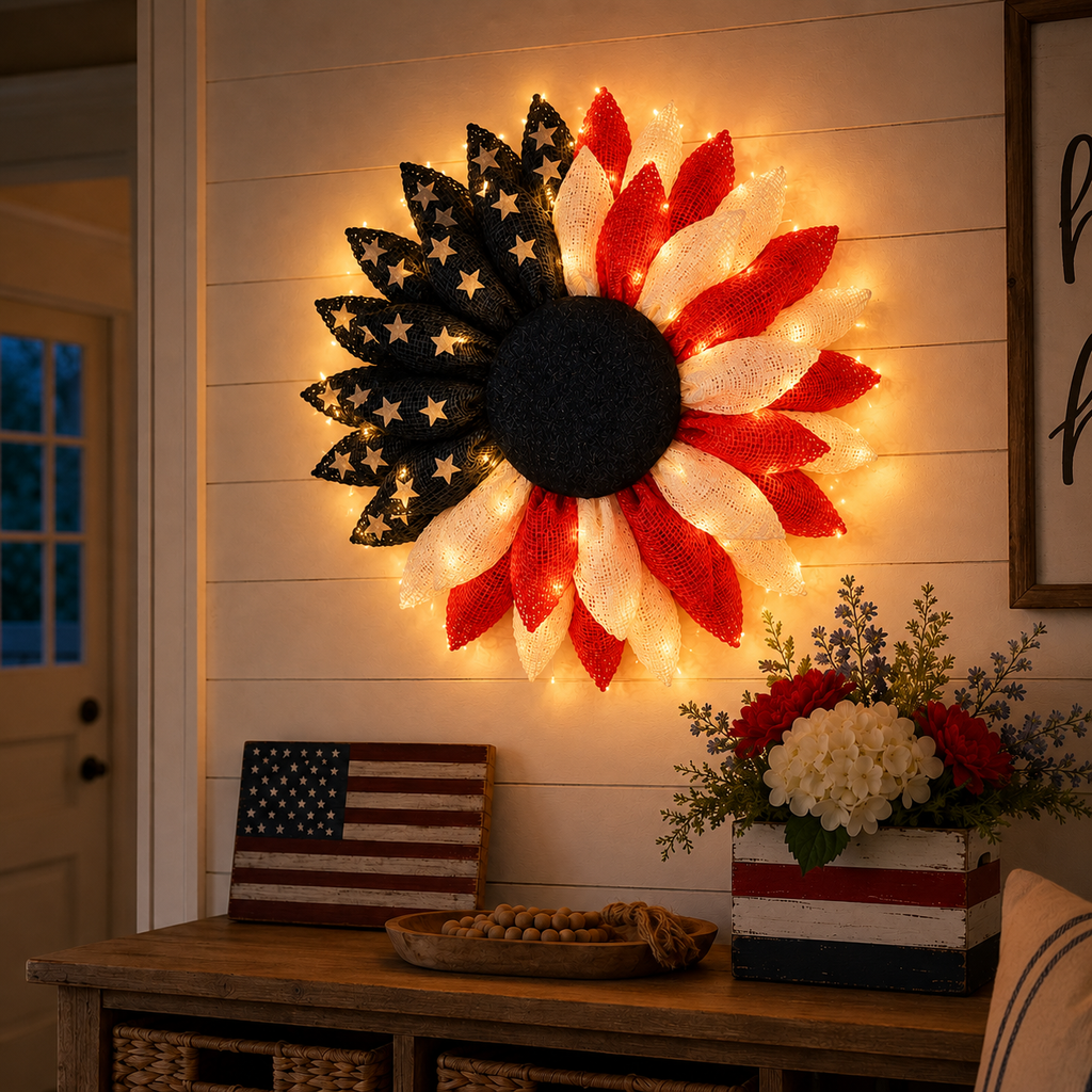 Lighted Patriotic Sunflower Wreath with Remote