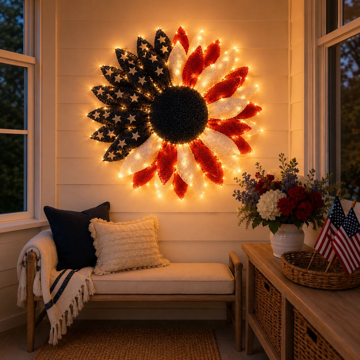 Lighted Patriotic Sunflower Wreath with Remote