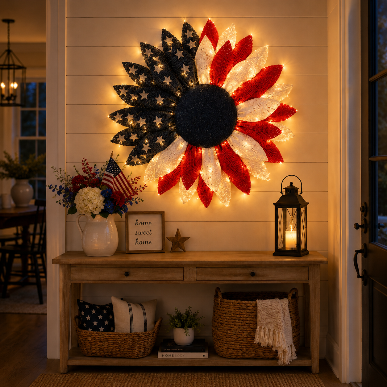 Lighted Patriotic Sunflower Wreath with Remote
