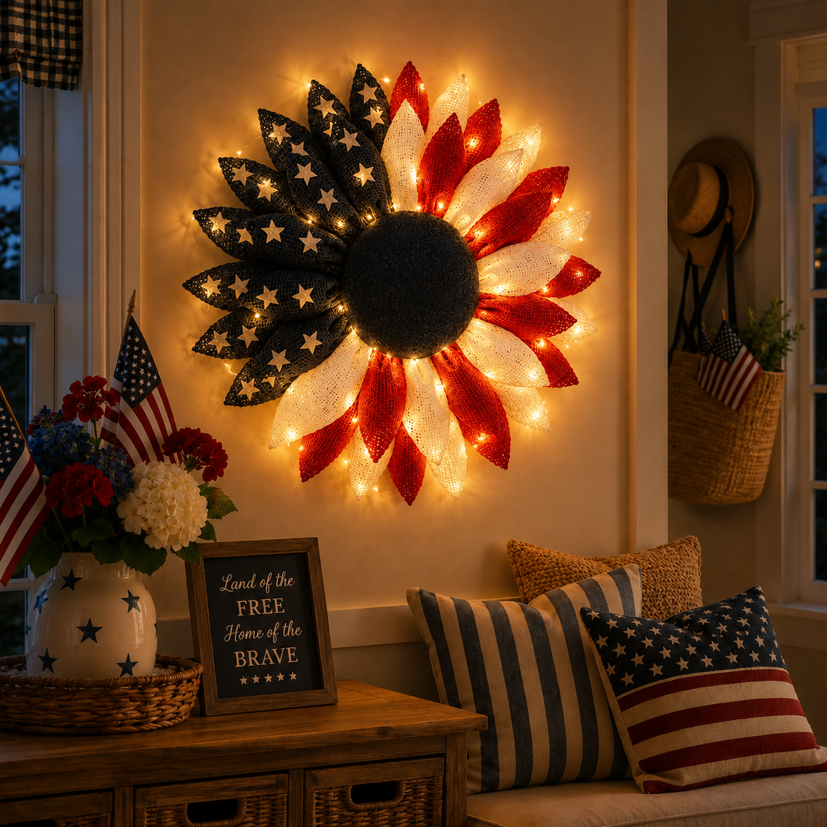 Lighted Patriotic Sunflower Wreath with Remote