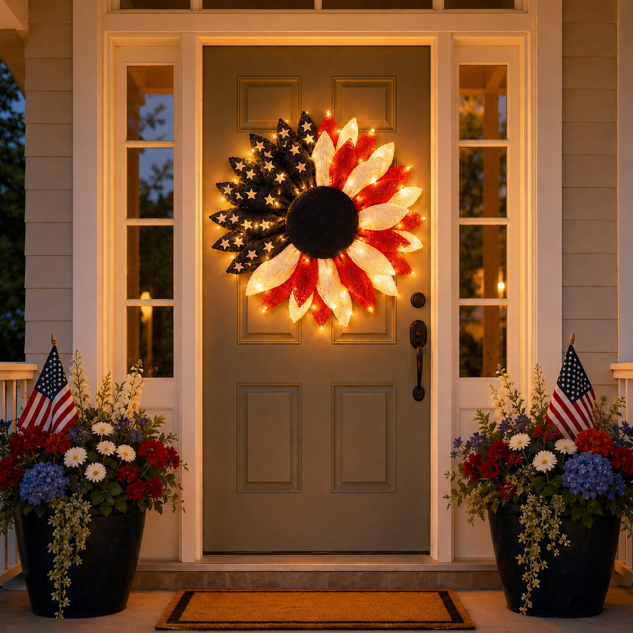 Lighted Patriotic Sunflower Wreath with Remote