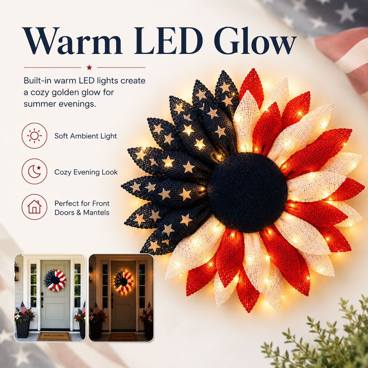 Lighted Patriotic Sunflower Wreath with Remote