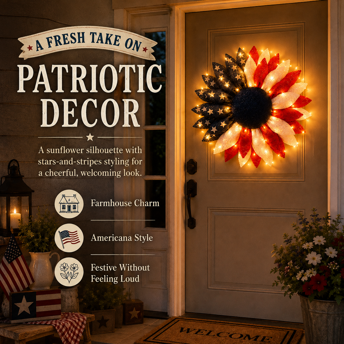 Lighted Patriotic Sunflower Wreath with Remote