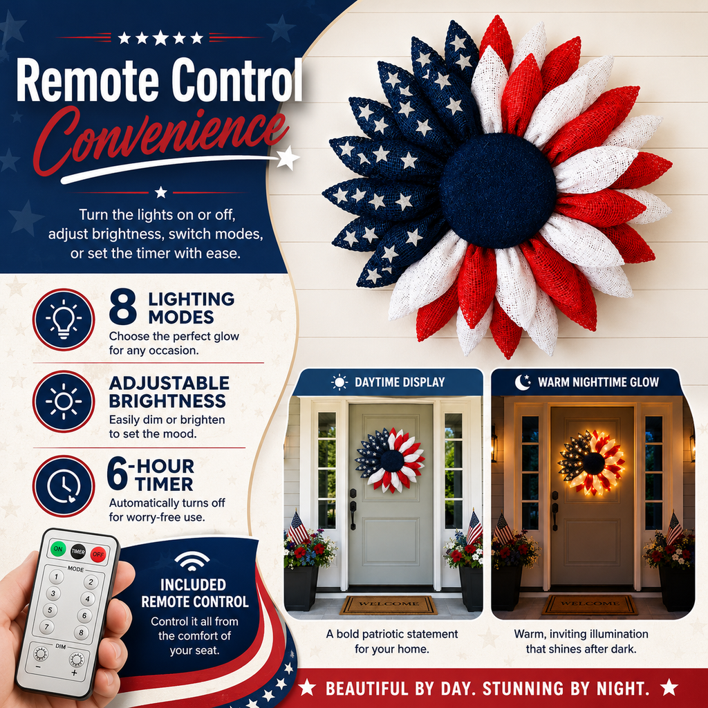 Lighted Patriotic Sunflower Wreath with Remote