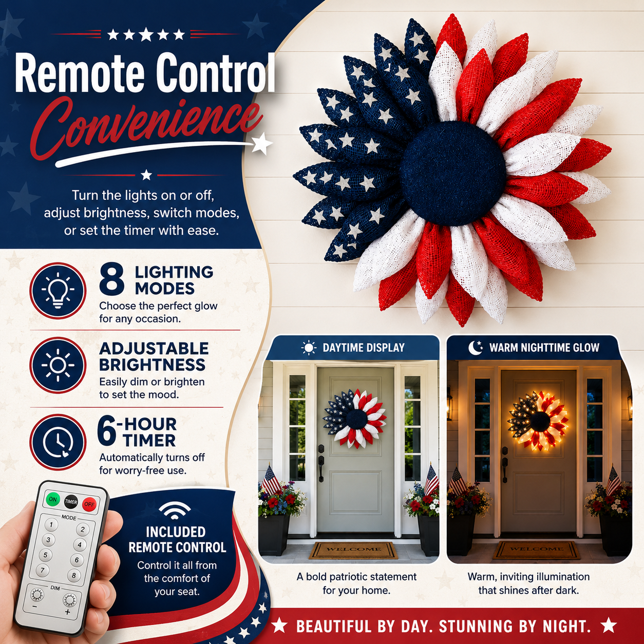 Lighted Patriotic Sunflower Wreath with Remote