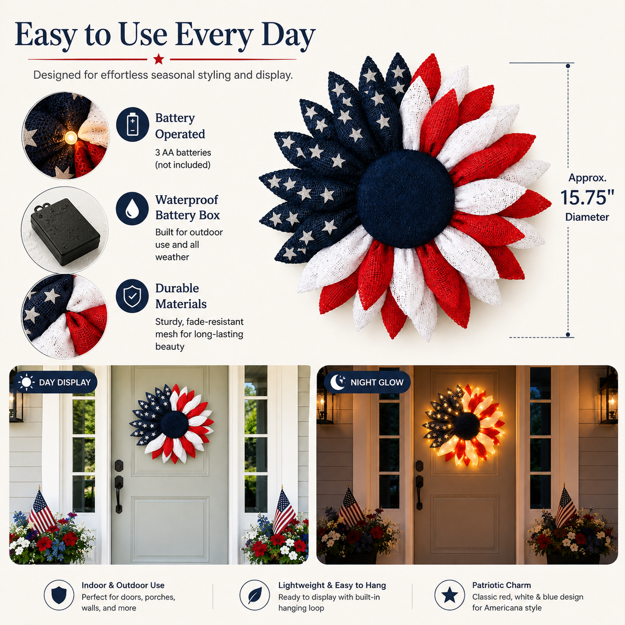 Lighted Patriotic Sunflower Wreath with Remote