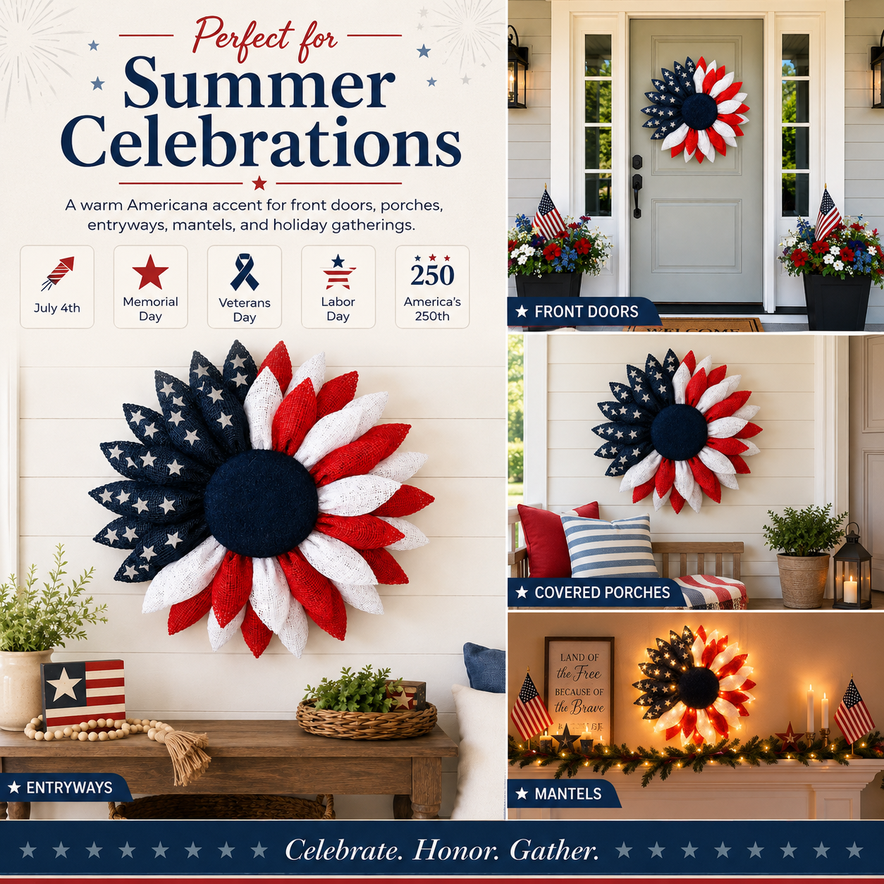 Lighted Patriotic Sunflower Wreath with Remote