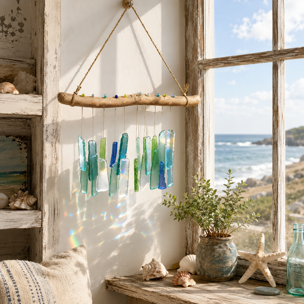 Handmade Sea Glass Driftwood Wind Chimes