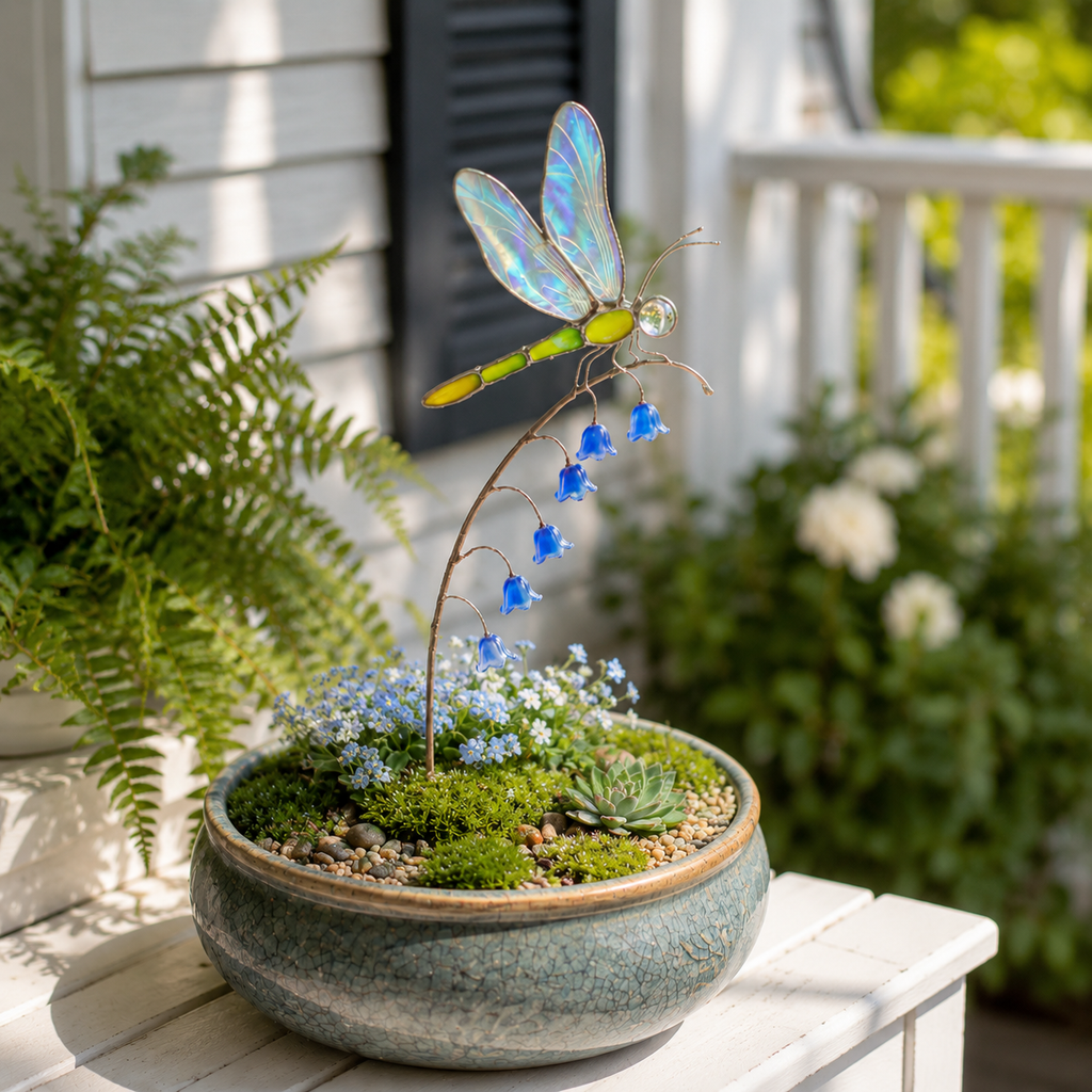 Iridescent Dragonfly Garden Stake with Bluebell Accents