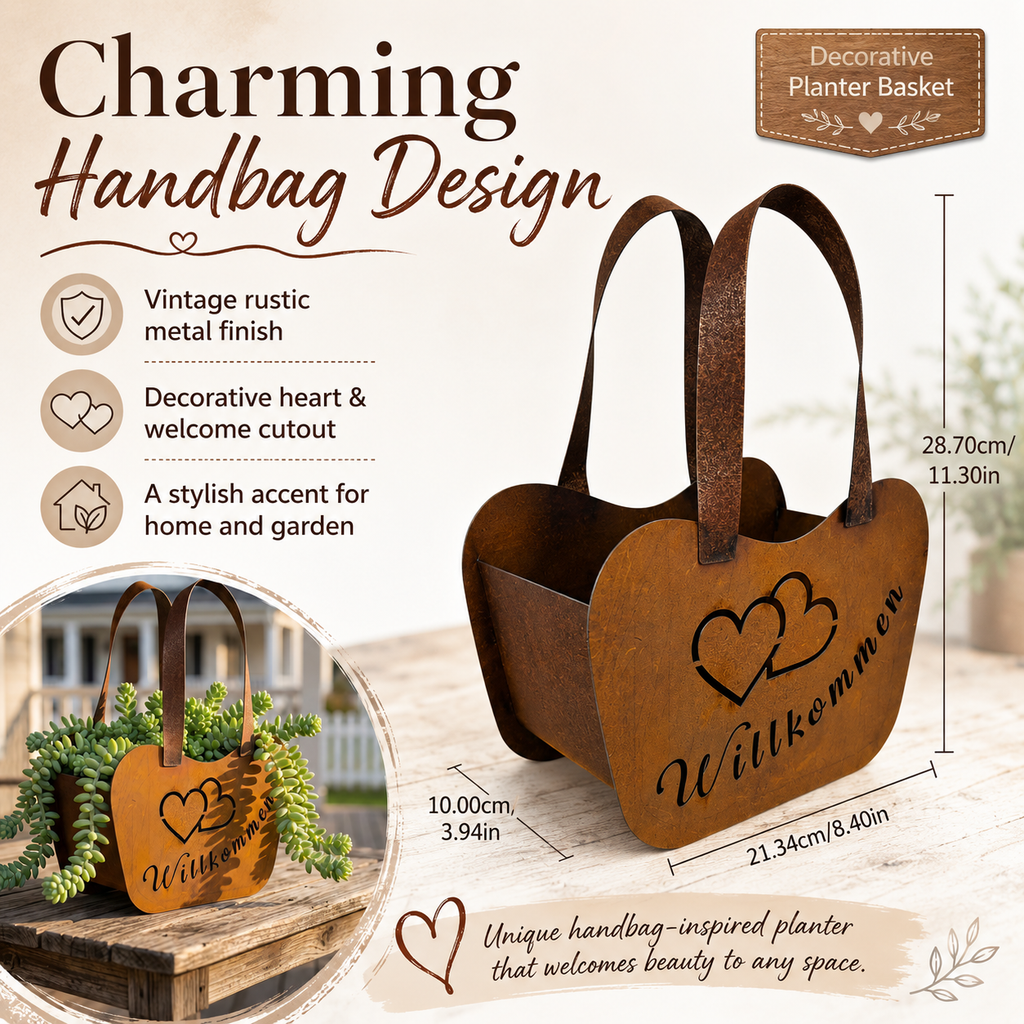 Vintage Rustic Metal Handbag Planter Basket