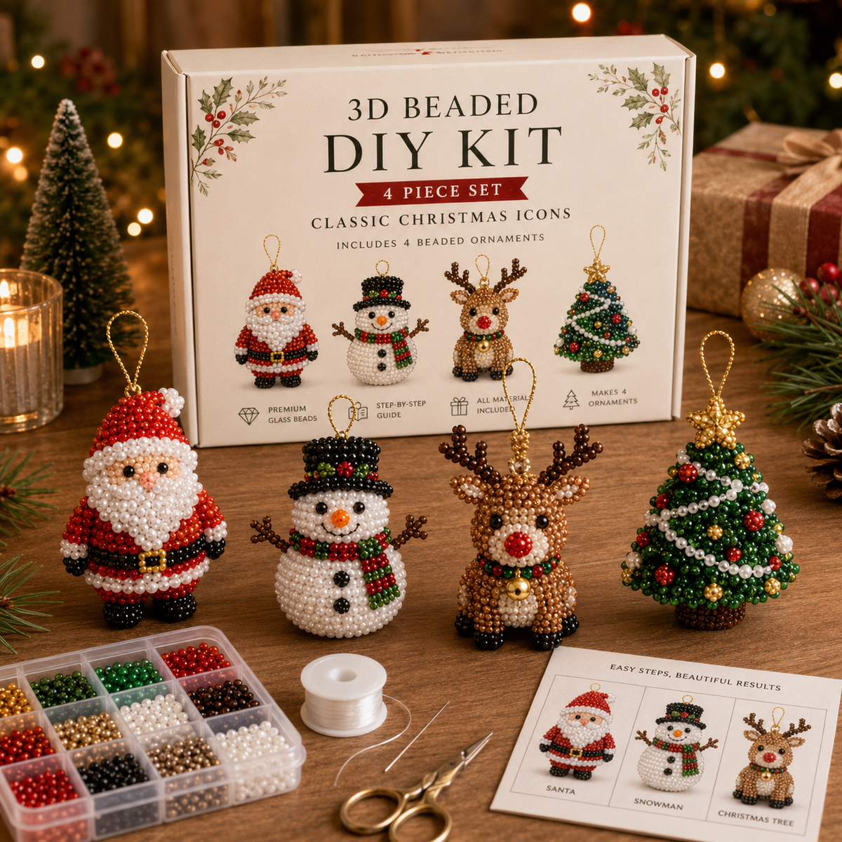 🧘 Relaxing & Beginner-Friendly-💎4-Piece 3D Beaded Christmas Ornament DIY Kit (❤As Seen in the Video)
