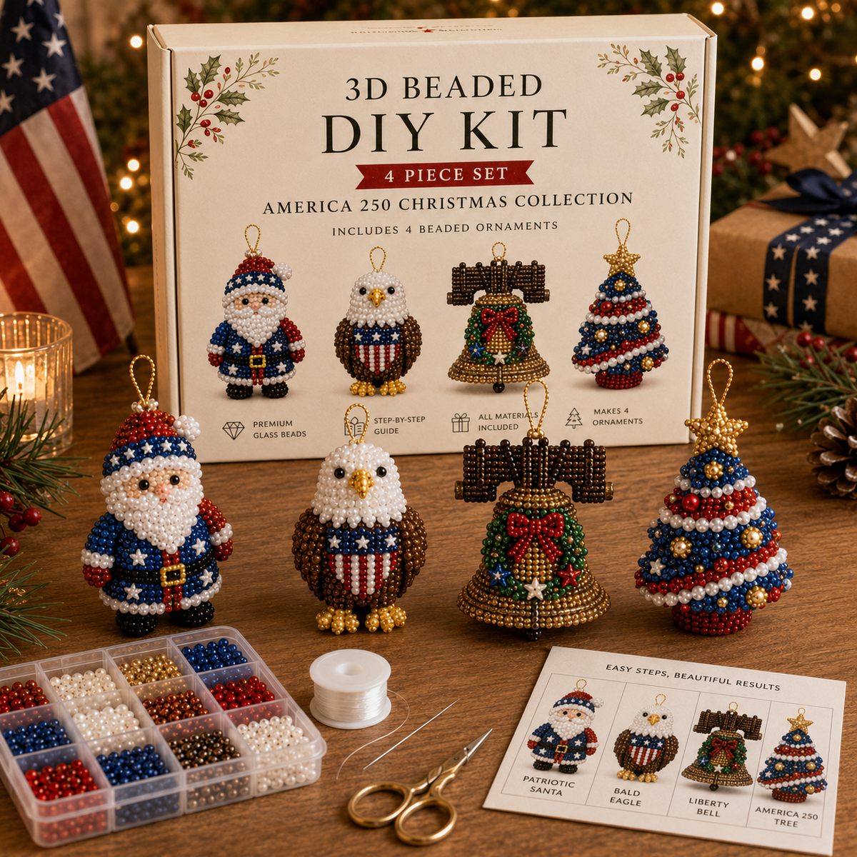 🧘 Relaxing & Beginner-Friendly-💎4-Piece 3D Beaded Christmas Ornament DIY Kit (❤As Seen in the Video)