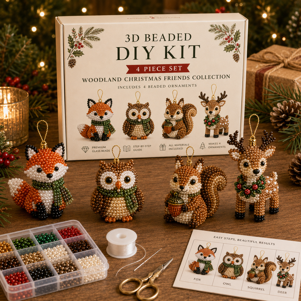 🧘 Relaxing & Beginner-Friendly-💎4-Piece 3D Beaded Christmas Ornament DIY Kit (❤As Seen in the Video)