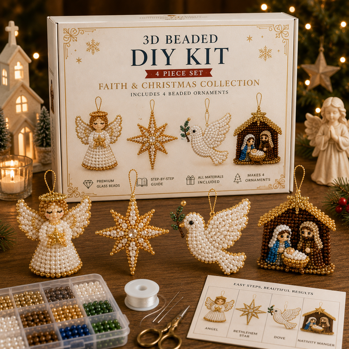 🧘 Relaxing & Beginner-Friendly-💎4-Piece 3D Beaded Christmas Ornament DIY Kit (❤As Seen in the Video)