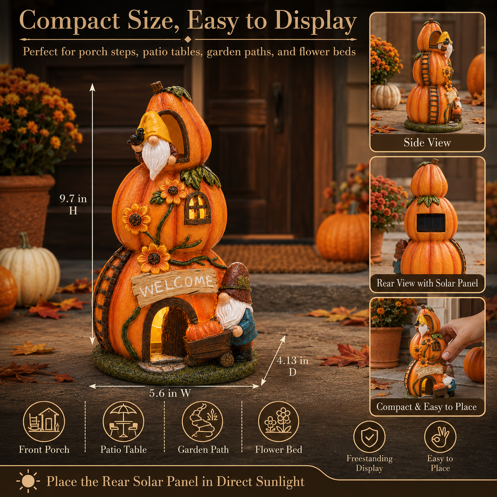Solar Pumpkin Gnome House Garden Statue