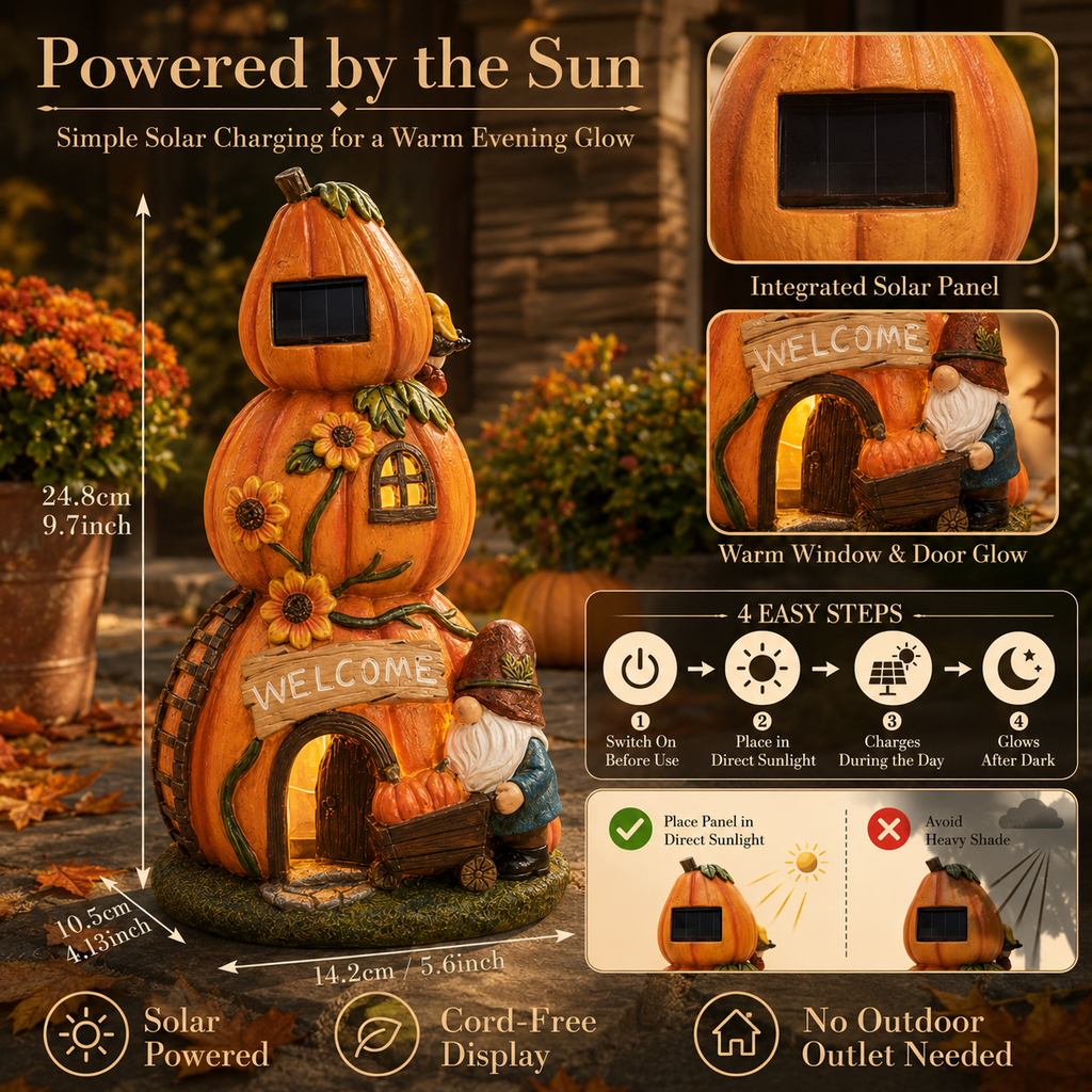 Solar Pumpkin Gnome House Garden Statue