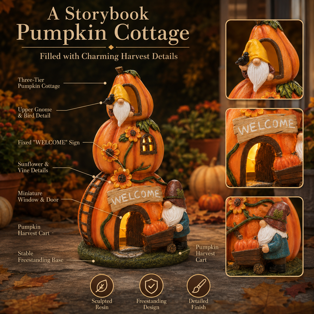 Solar Pumpkin Gnome House Garden Statue