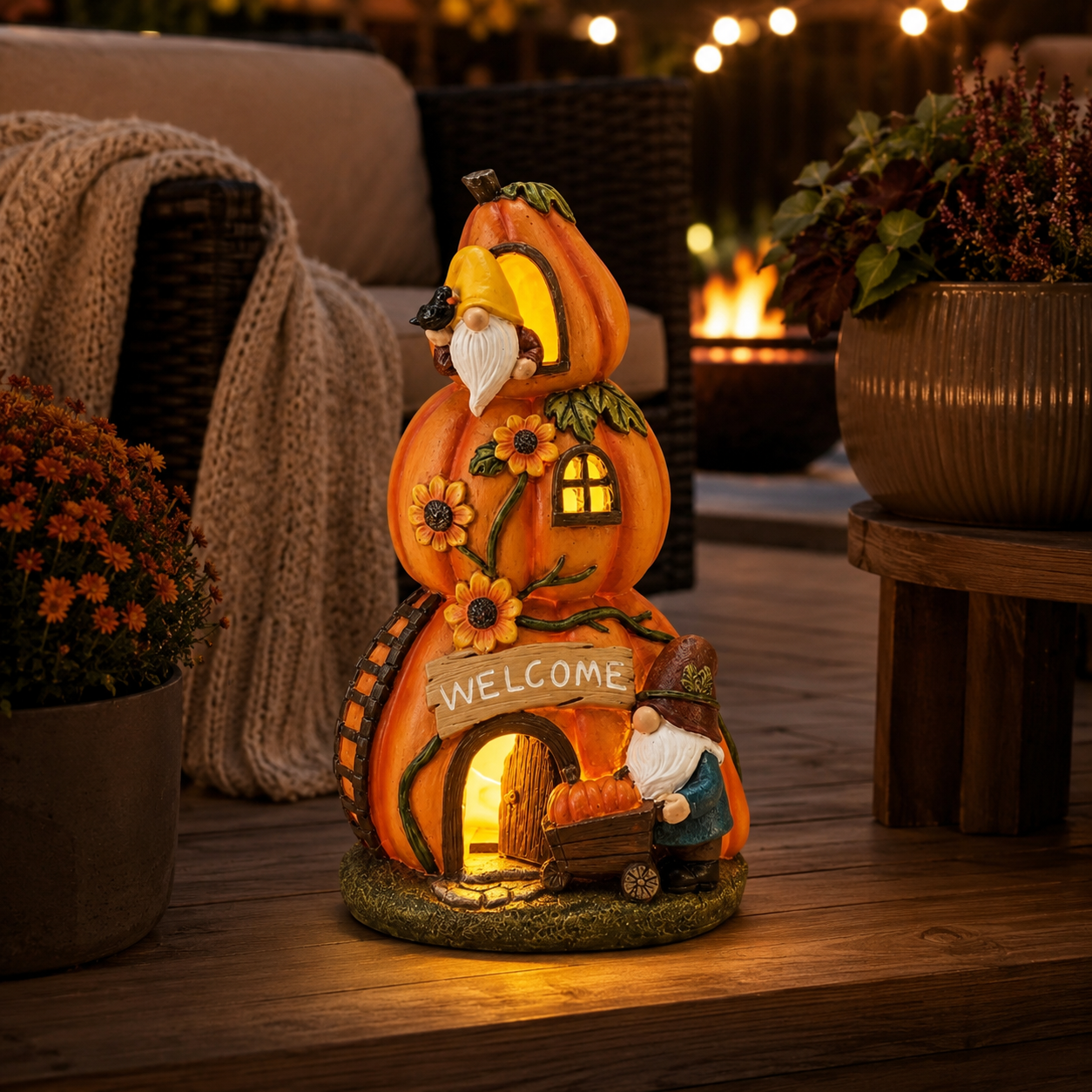 Solar Pumpkin Gnome House Garden Statue