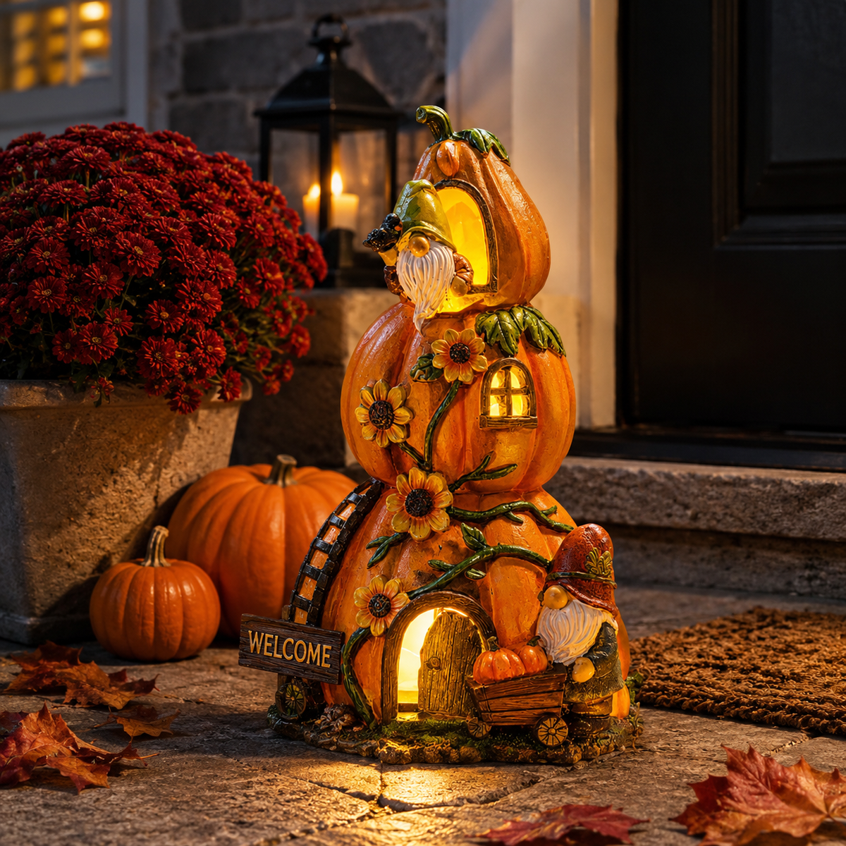 Solar Pumpkin Gnome House Garden Statue