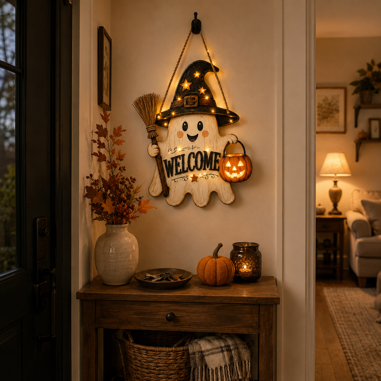 Lighted Ghost Witch Welcome Door Sign