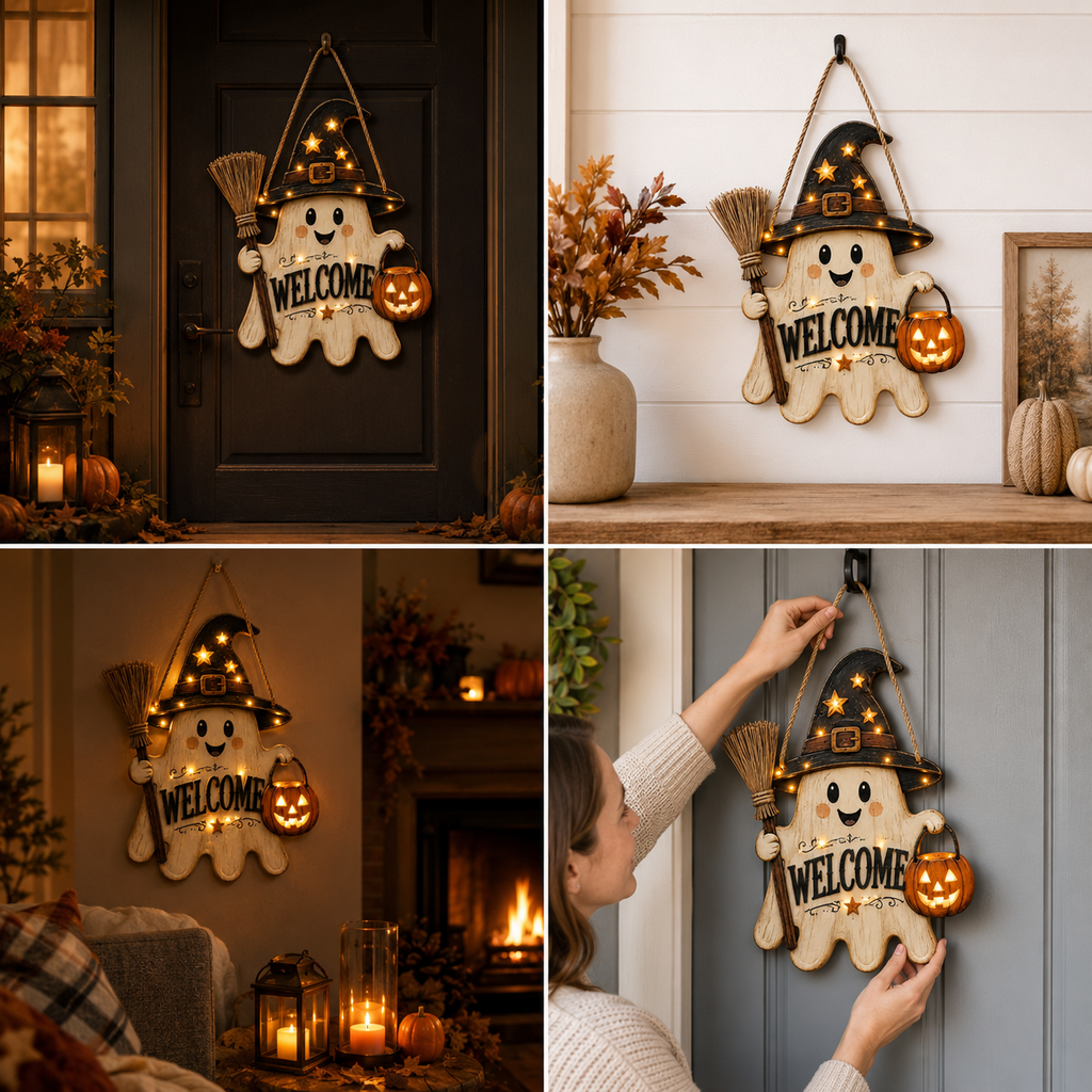 Lighted Ghost Witch Welcome Door Sign