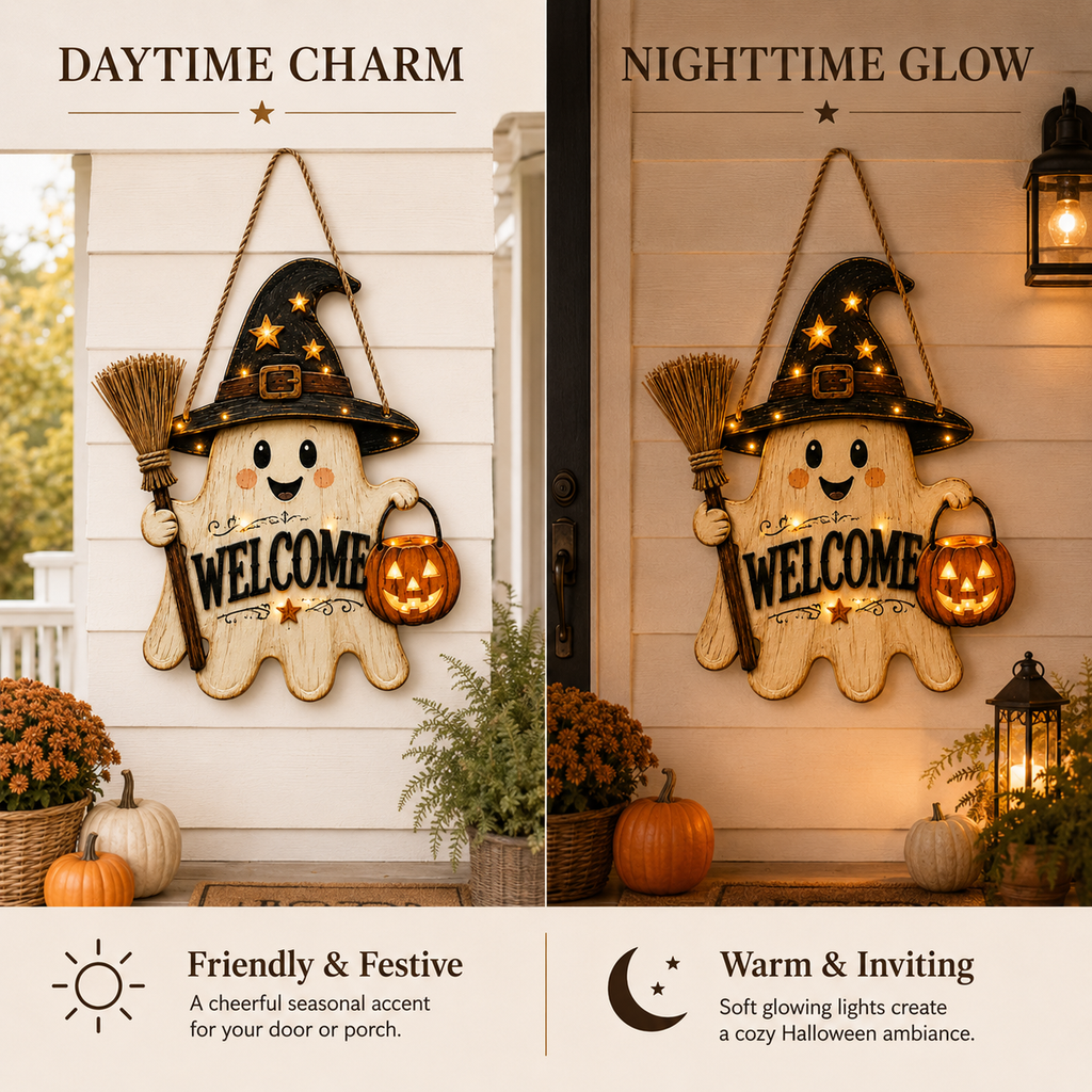 Lighted Ghost Witch Welcome Door Sign