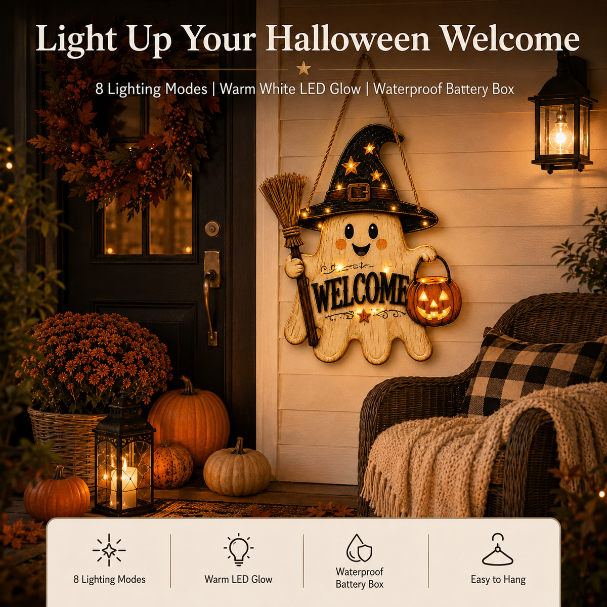 Lighted Ghost Witch Welcome Door Sign
