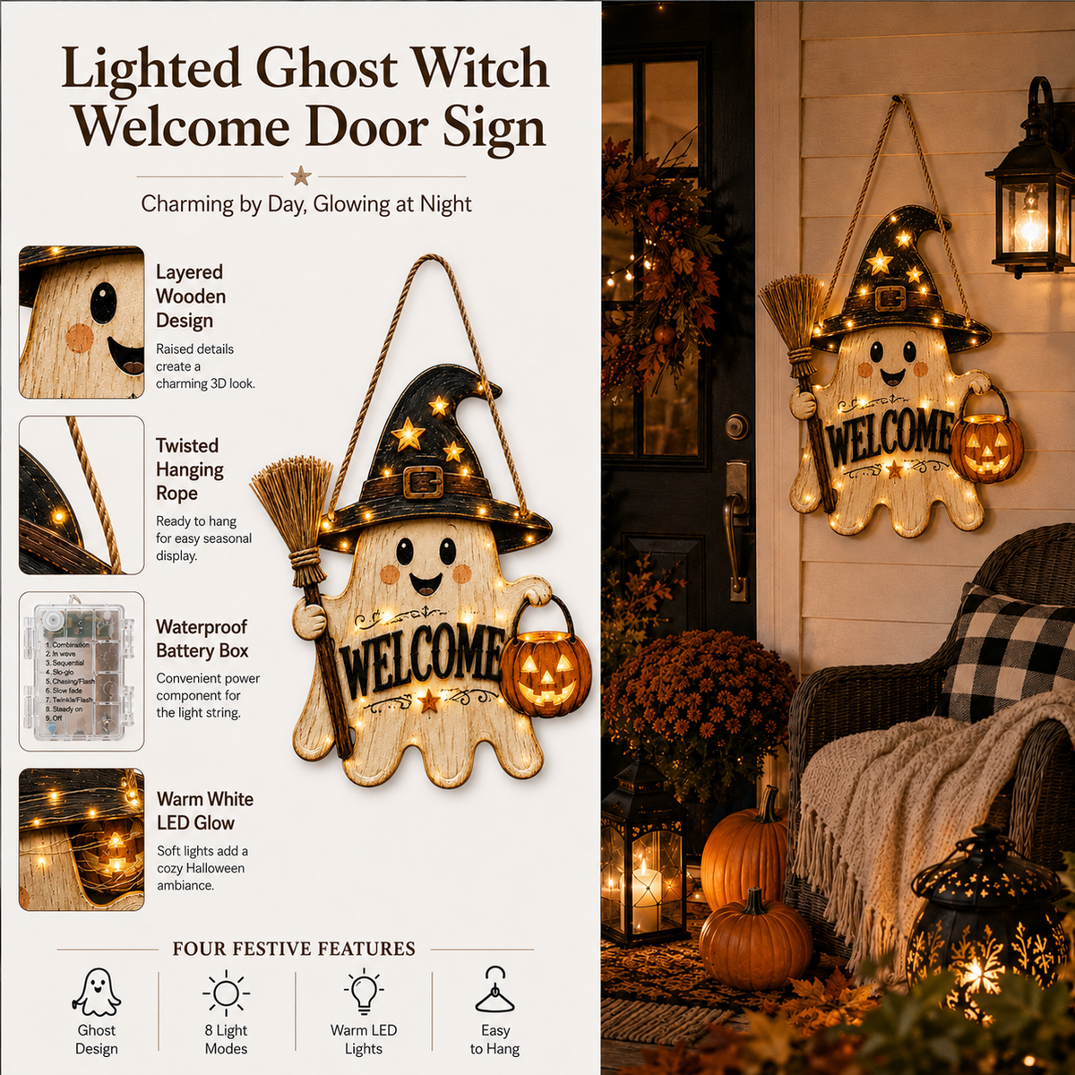 Lighted Ghost Witch Welcome Door Sign