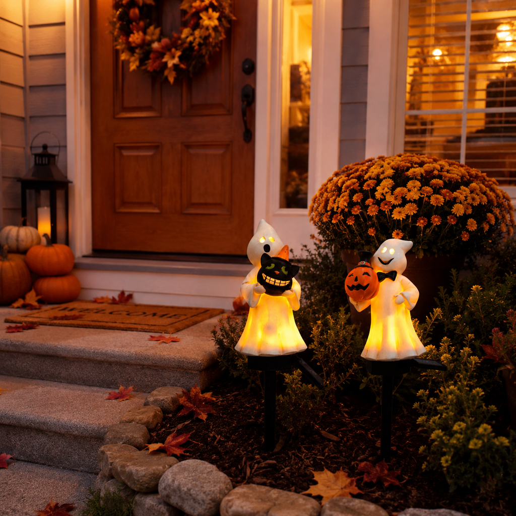 Solar Ghost & Pumpkin Garden Stake Lights Set – Warm Glow Halloween Pathway Décor