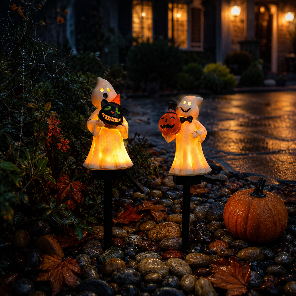 Solar Ghost & Pumpkin Garden Stake Lights Set – Warm Glow Halloween Pathway Décor