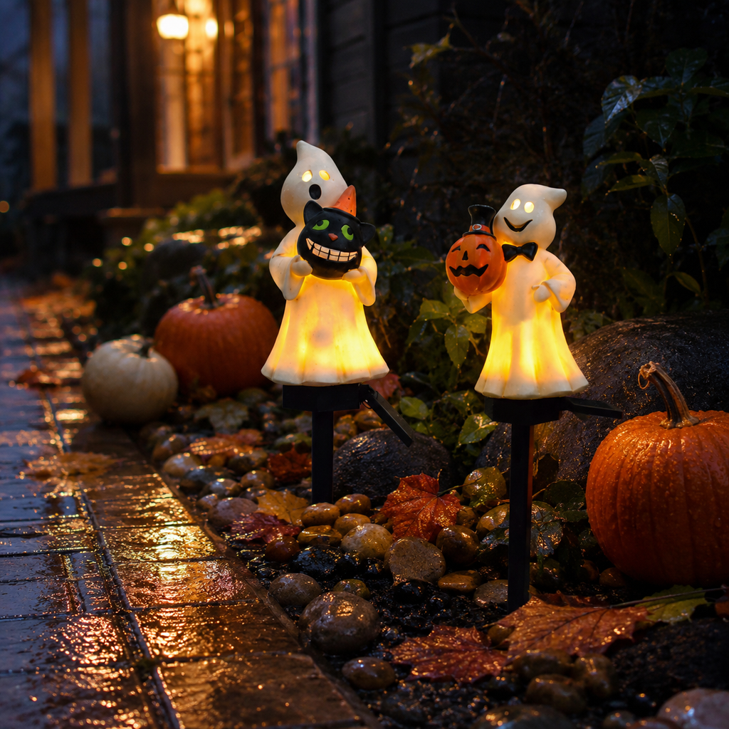 Solar Ghost & Pumpkin Garden Stake Lights Set – Warm Glow Halloween Pathway Décor