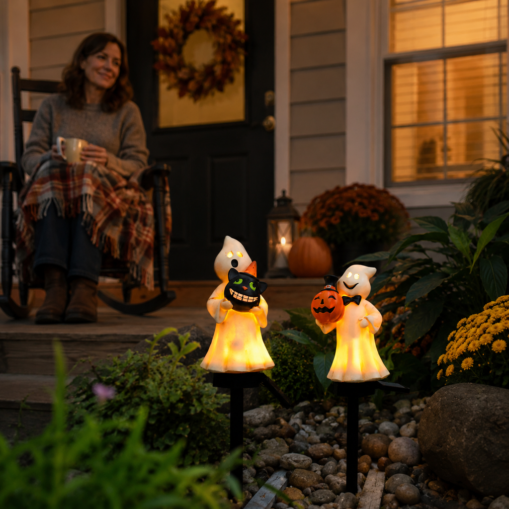 Solar Ghost & Pumpkin Garden Stake Lights Set – Warm Glow Halloween Pathway Décor