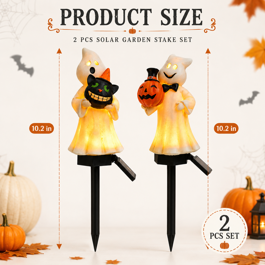 Solar Ghost & Pumpkin Garden Stake Lights Set – Warm Glow Halloween Pathway Décor