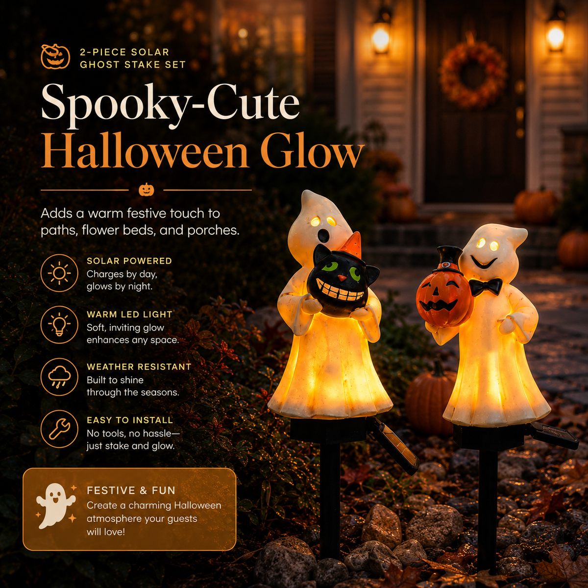 Solar Ghost & Pumpkin Garden Stake Lights Set – Warm Glow Halloween Pathway Décor
