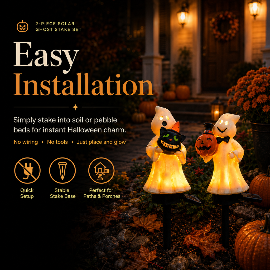 Solar Ghost & Pumpkin Garden Stake Lights Set – Warm Glow Halloween Pathway Décor