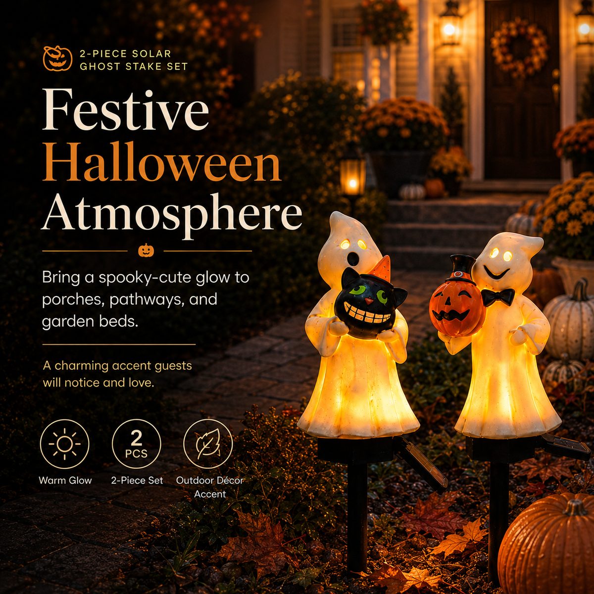 Solar Ghost & Pumpkin Garden Stake Lights Set – Warm Glow Halloween Pathway Décor
