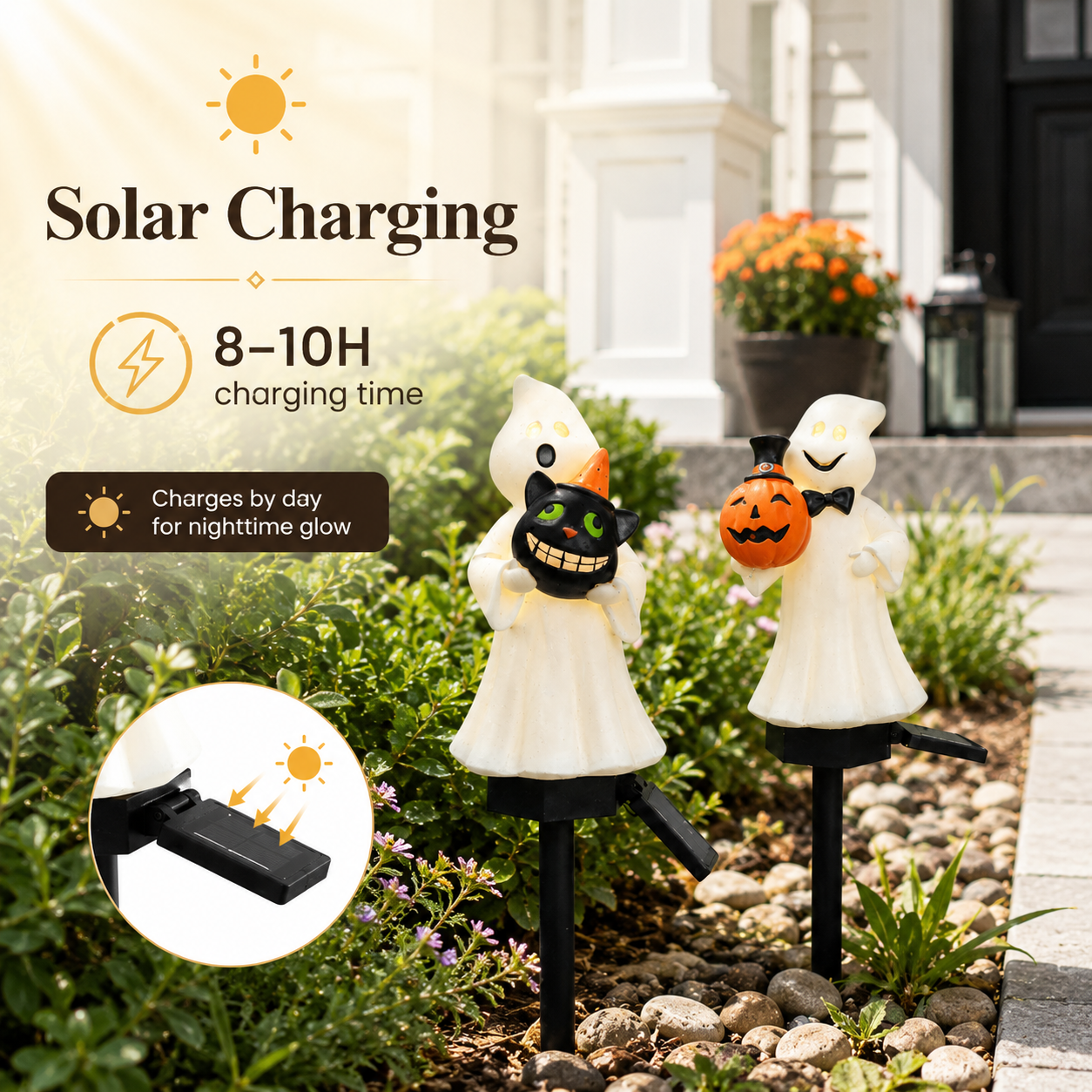 Solar Ghost & Pumpkin Garden Stake Lights Set – Warm Glow Halloween Pathway Décor