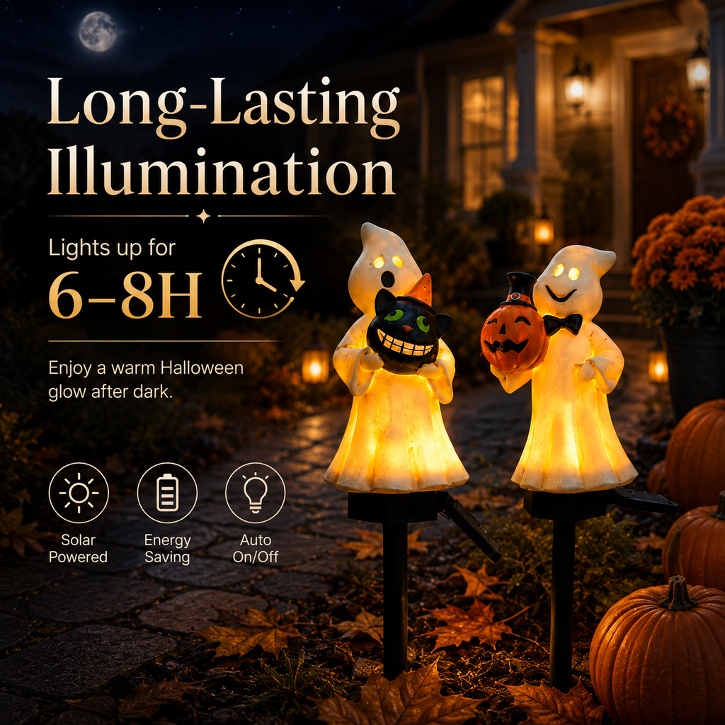 Solar Ghost & Pumpkin Garden Stake Lights Set – Warm Glow Halloween Pathway Décor