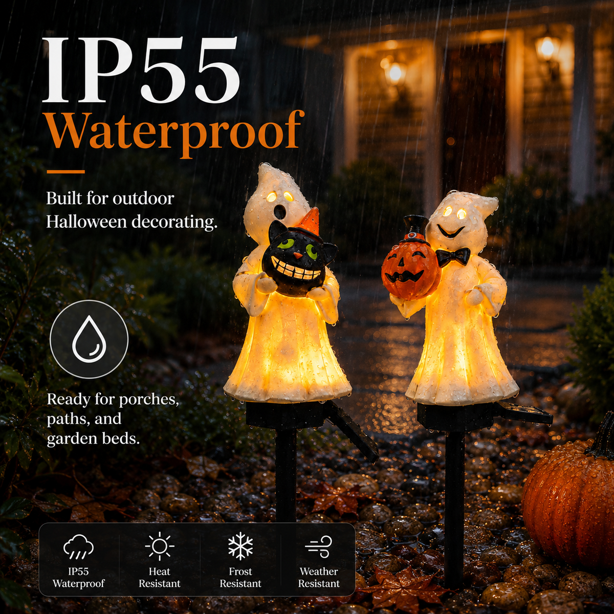 Solar Ghost & Pumpkin Garden Stake Lights Set – Warm Glow Halloween Pathway Décor