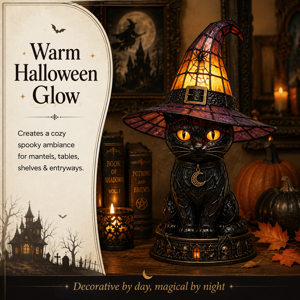 Halloween Witch Cat Stained Glass Lamp