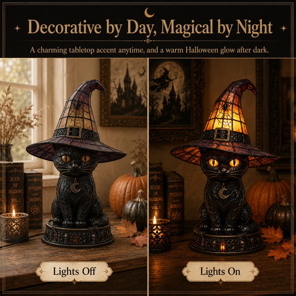 Halloween Witch Cat Stained Glass Lamp
