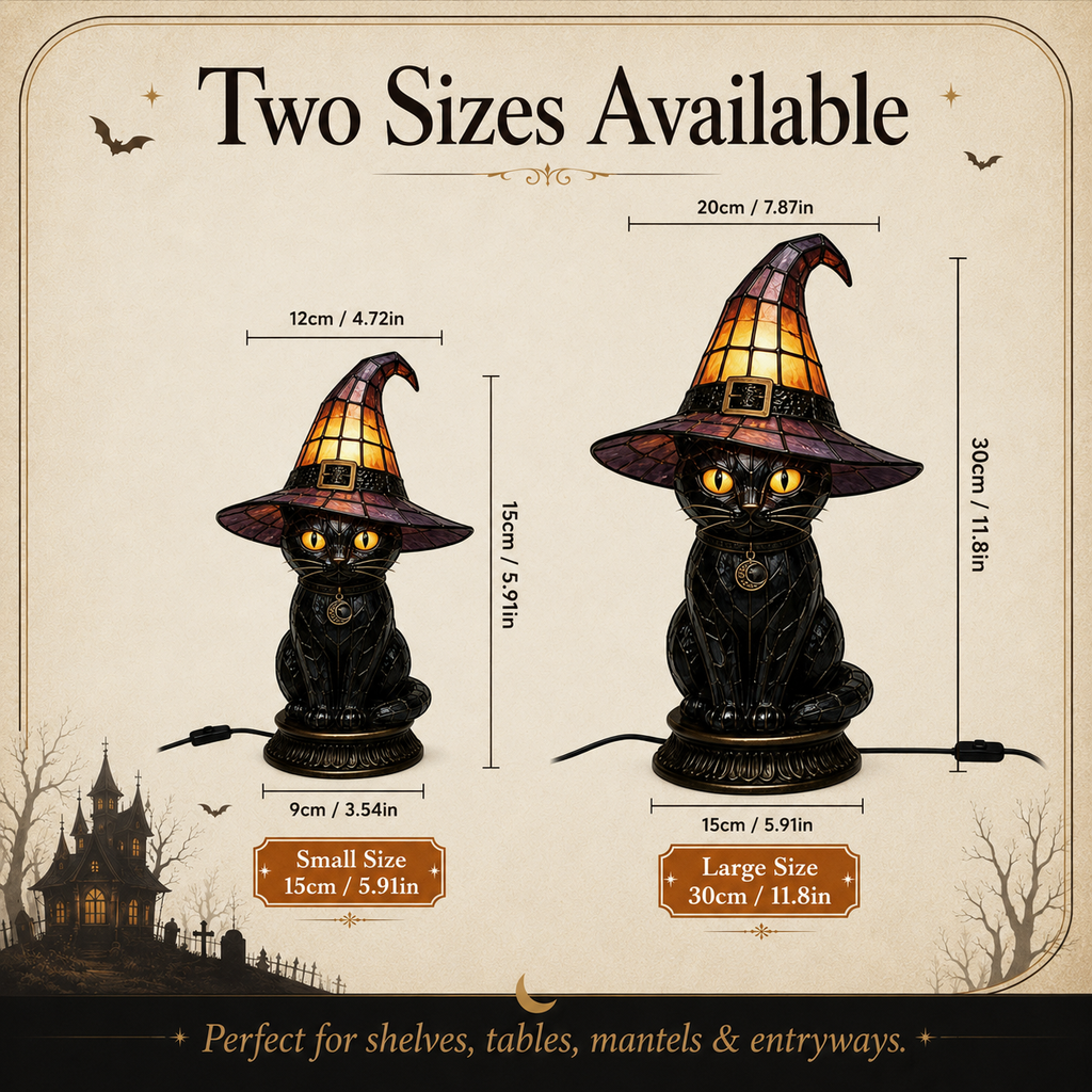 Halloween Witch Cat Stained Glass Lamp