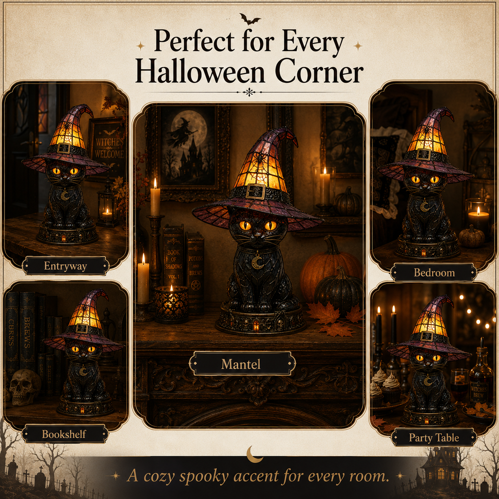 Halloween Witch Cat Stained Glass Lamp