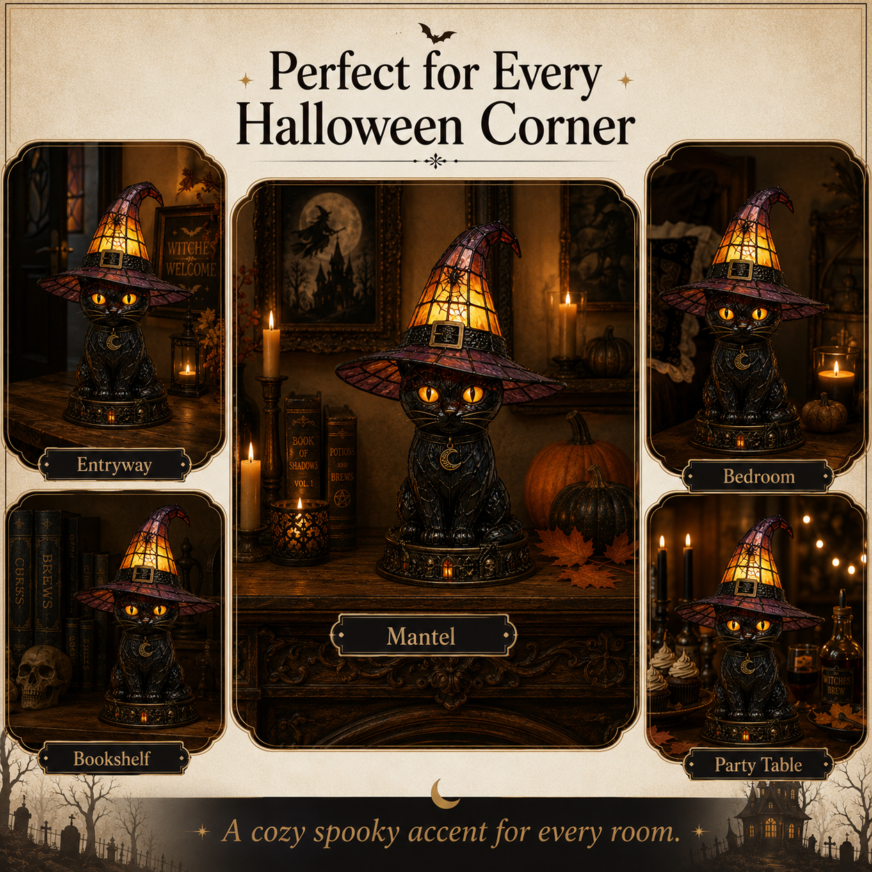 Halloween Witch Cat Stained Glass Lamp