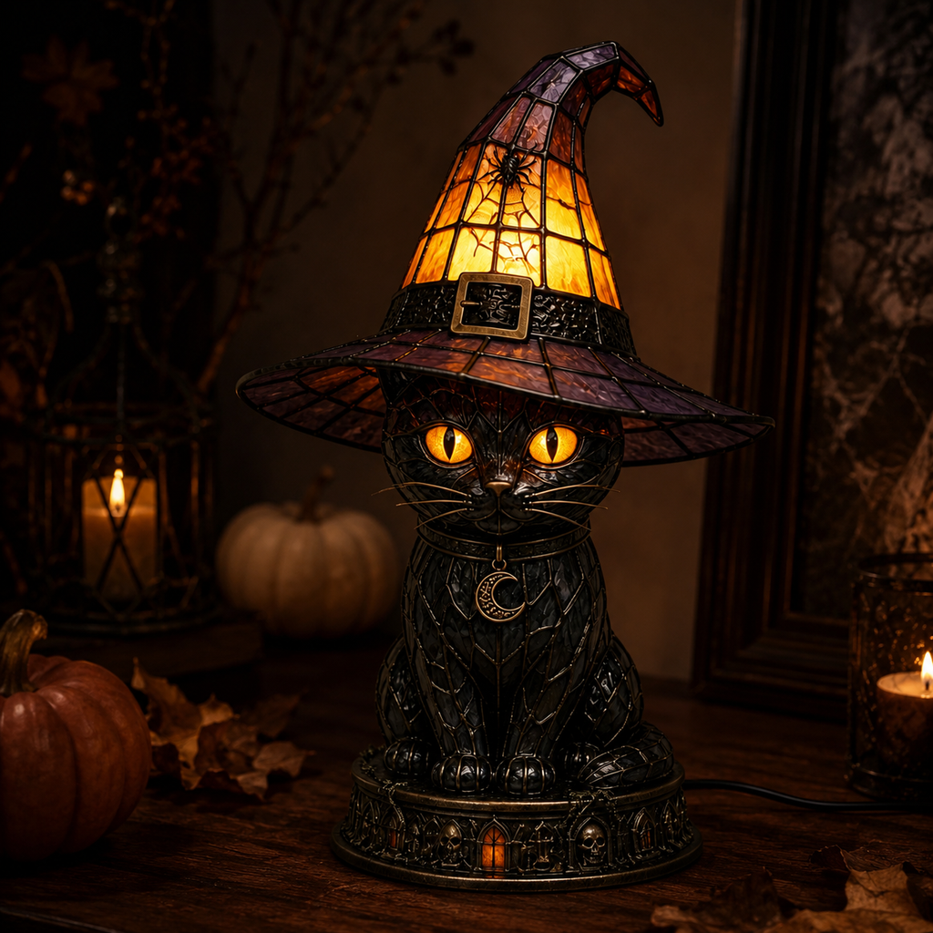 Halloween Witch Cat Stained Glass Lamp